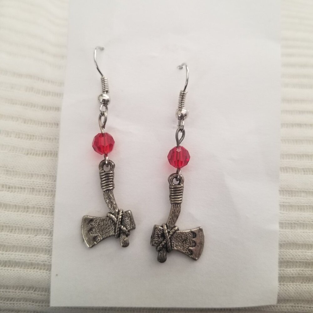 Silver Tone Axes Earrings Red Beads Ax Halloween Goth Horror Pierced